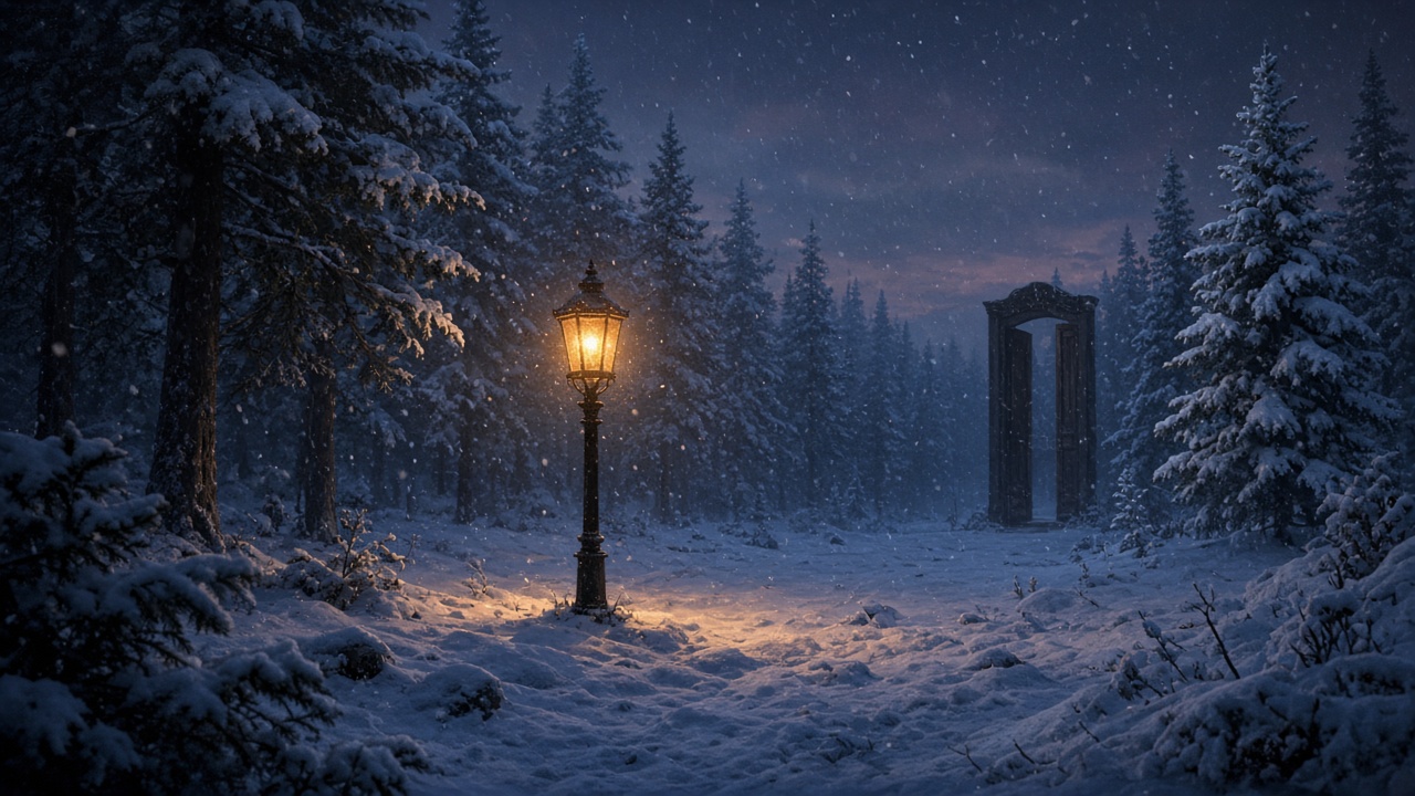 Un réverbère allumé dans une forêt de sapins sous la neige, au crépuscule, cadré comme une scène de cinéma
