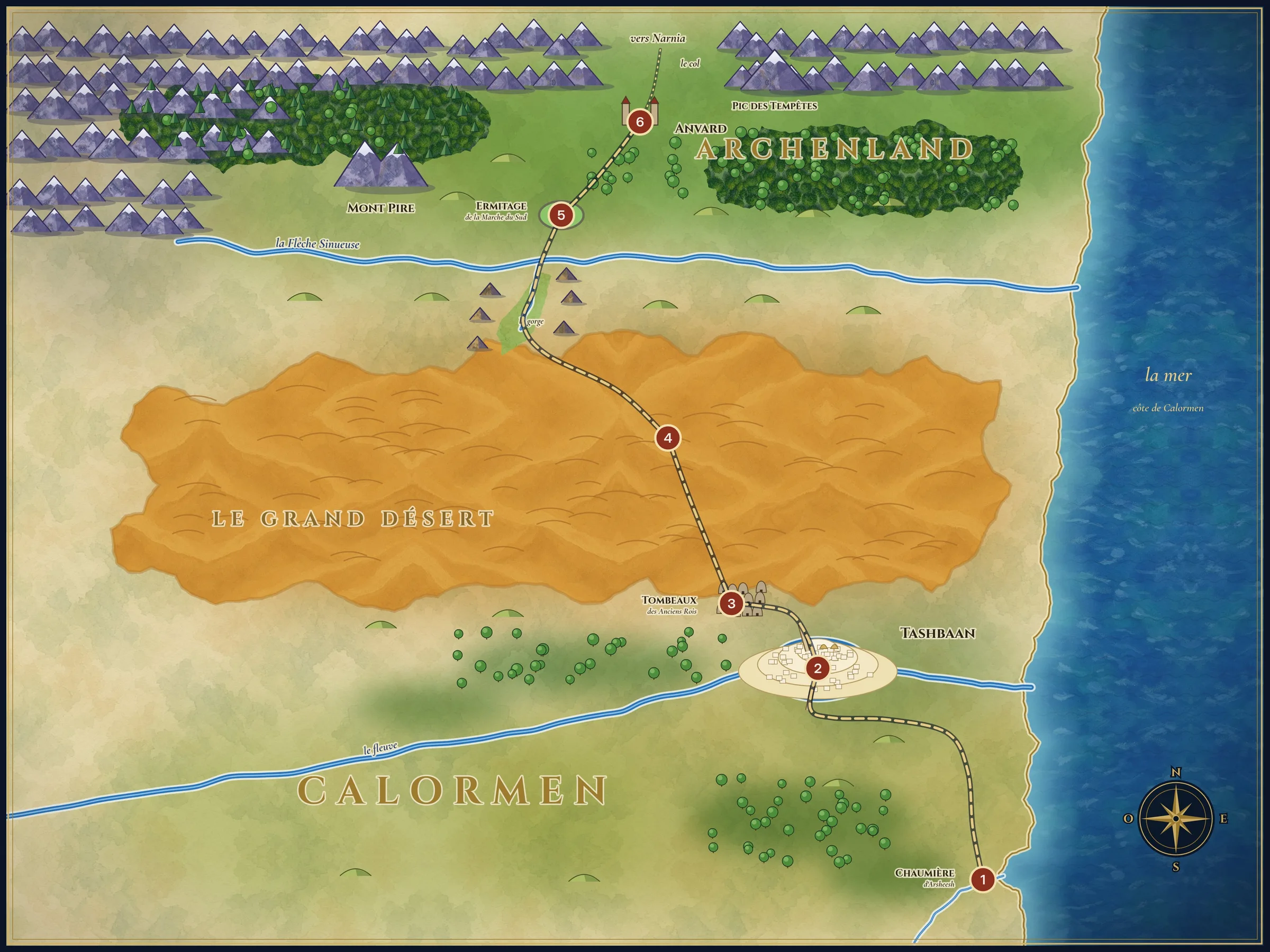 Carte peinte of the flight of Shasta and Aravis: the coast of Calormen to the east, Tashbaan on its island in the middle of the river, the Tombs on the edge of the Great Desert, the Slippery Slope, the Marsh, Anvard and the pass to Narnia, with Mount Pire to the west.