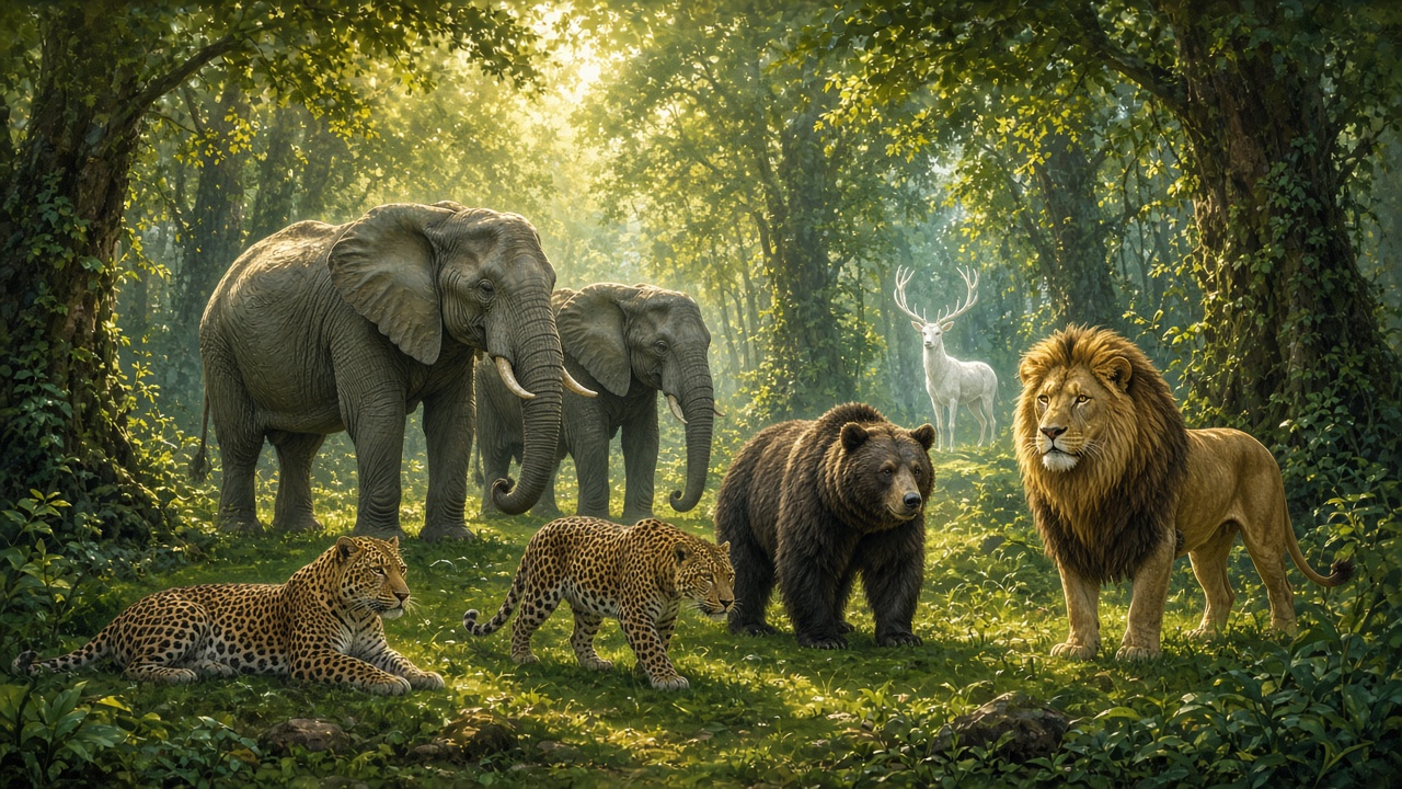 Éléphants et léopards dans une clairière