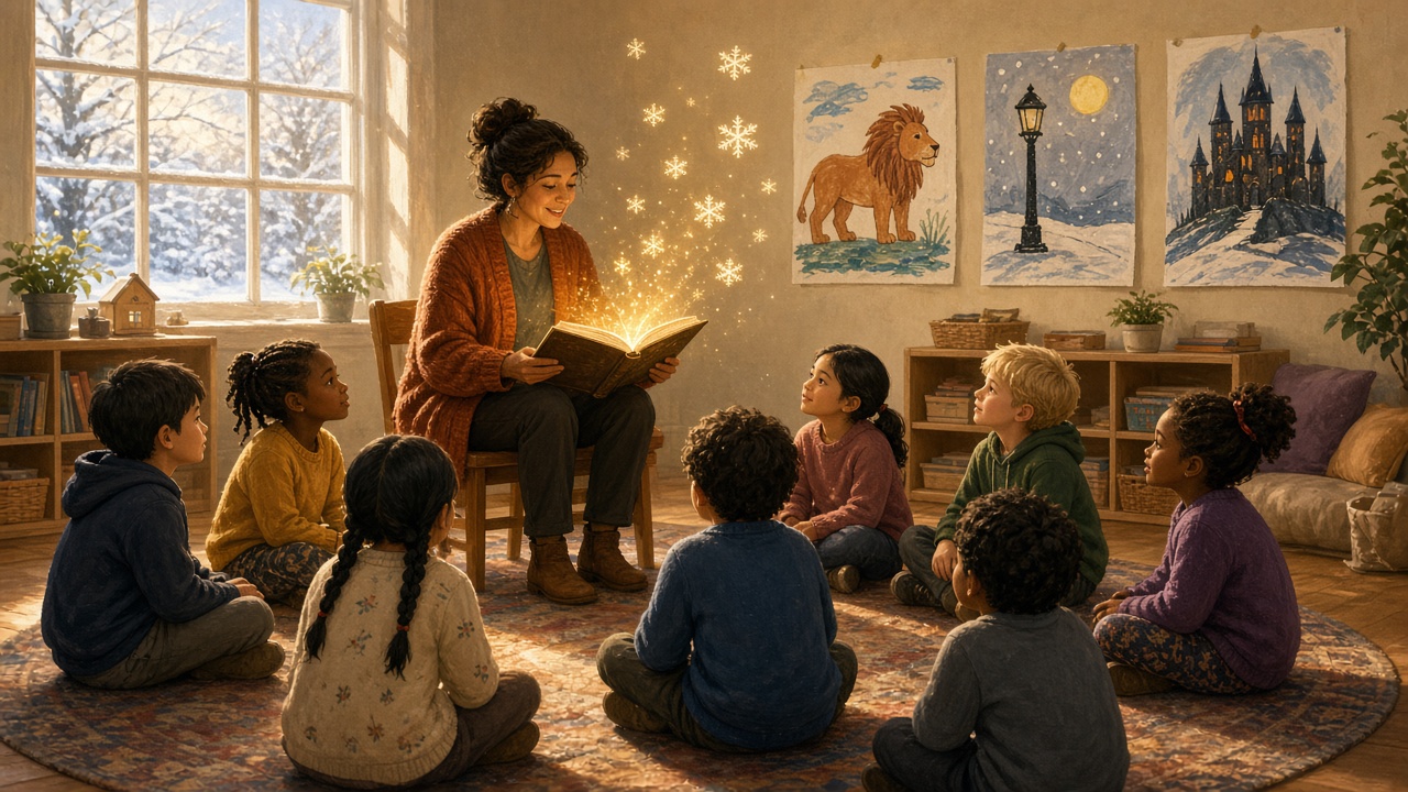 Une institutrice lit Narnia à sa classe, et un peu de neige tombe du livre