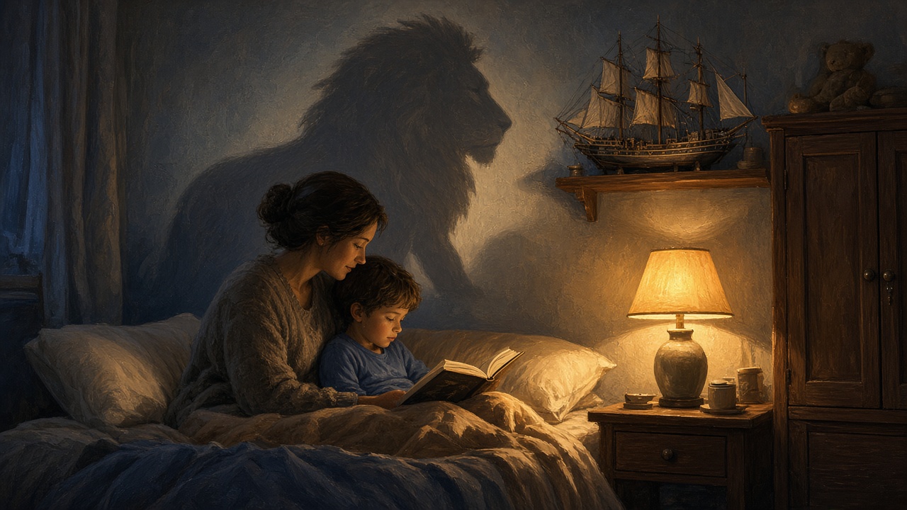Un parent et un enfant lisent au lit, l'ombre d'un lion sur le mur