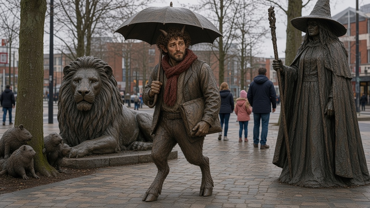 Une place urbaine de Belfast avec des sculptures de bronze d'un lion et d'une sorcière, sous un ciel irlandais