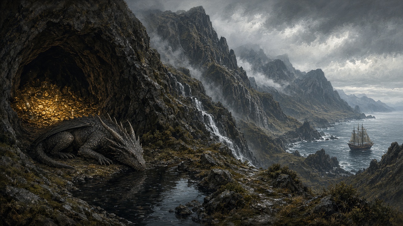 Un dragon couché devant une caverne pleine d'or