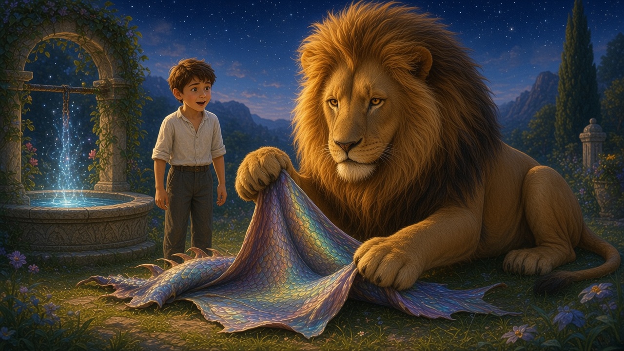 Aslan ôte la peau du dragon près d'un puits