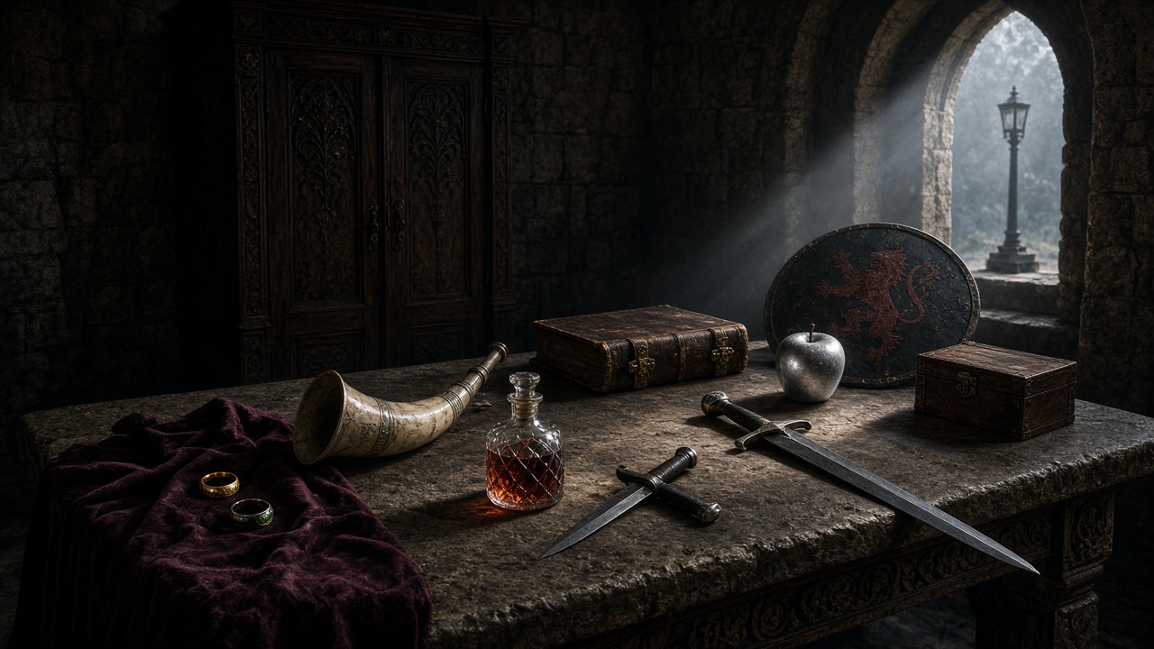 Une table de pierre couverte d'objets de toutes les Chroniques