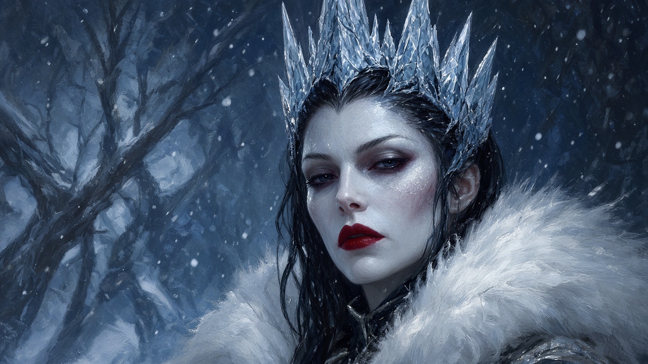 Visage blanc comme la neige, lèvres rouges, couronne de glace