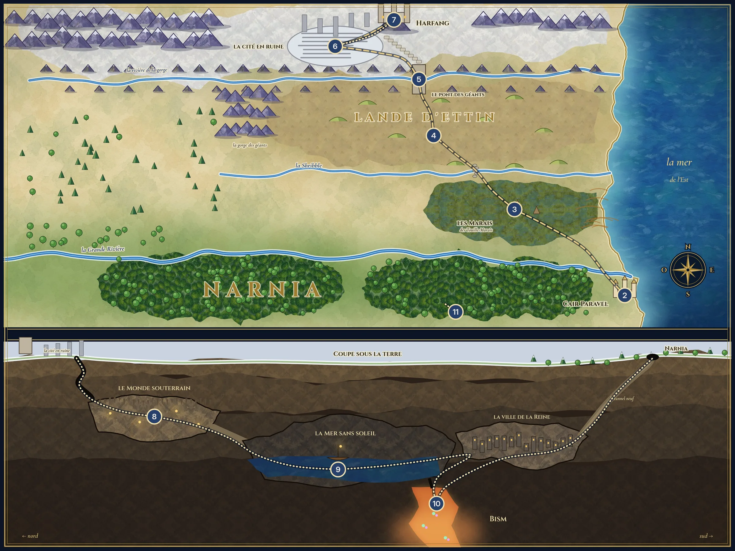 Painted map in two parts. At the top, the surface: Narnia and Cair Paravel to the south, the Shribble Marshes, the Ettin Moor, the gorge and the Giant’s Bridge, the Ruined City and Harfang in the snow to the north. At the bottom, a cutaway view beneath the earth: the Underland, the Sunless Sea, the Queen’s Town, the chasm of Bism, and the tunnel leading back up to Narnia.