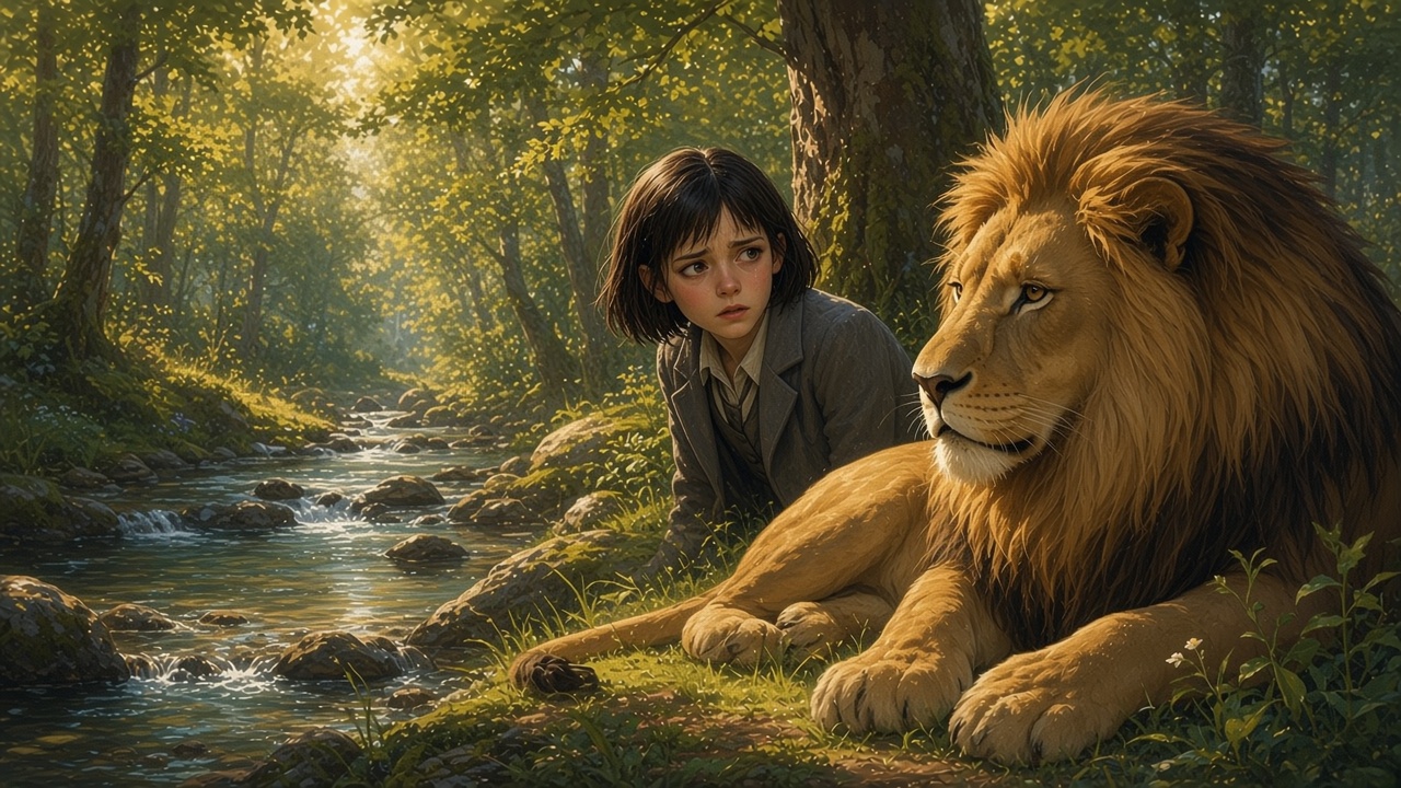 Jill assoiffée face à Aslan près d'un ruisseau