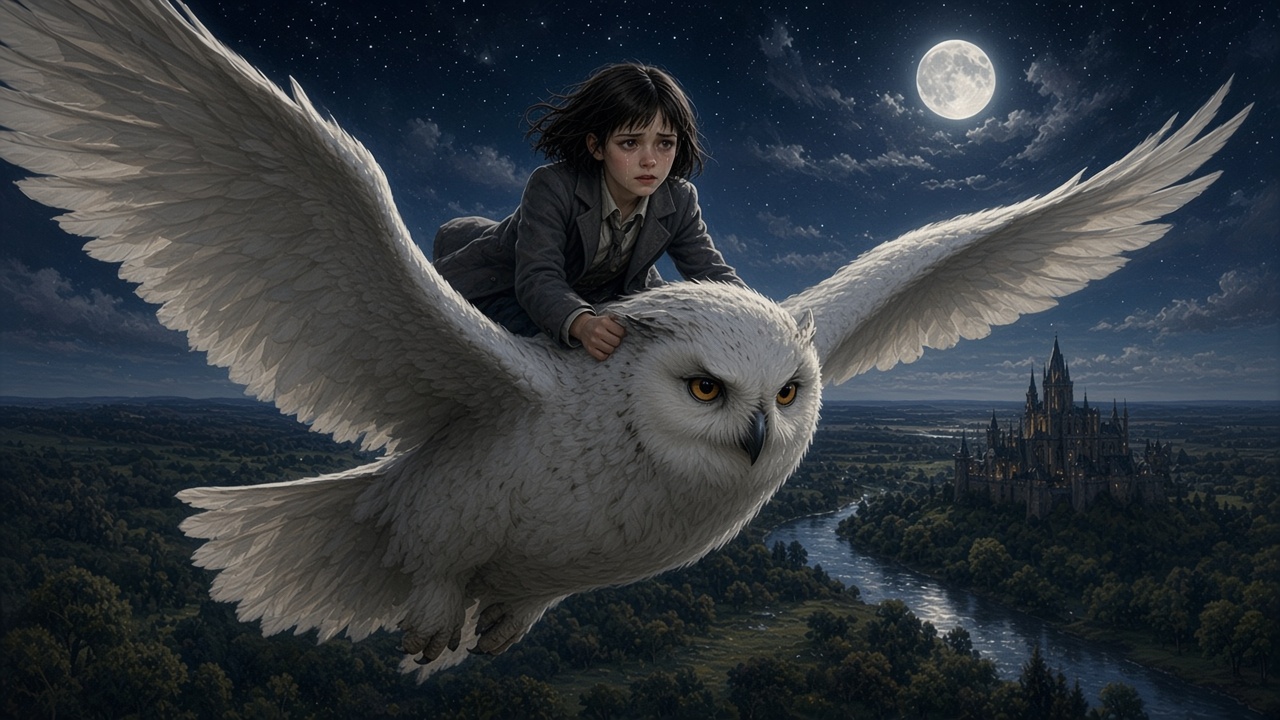 Jill sur le dos d'un grand hibou blanc la nuit