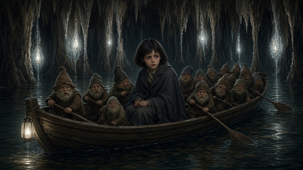 Jill dans une barque sur une mer souterraine