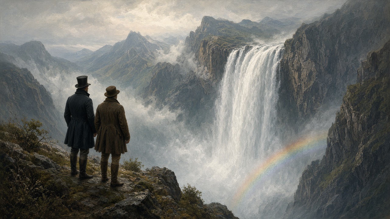 Deux promeneurs du XIXe siècle devant une cascade majestueuse
