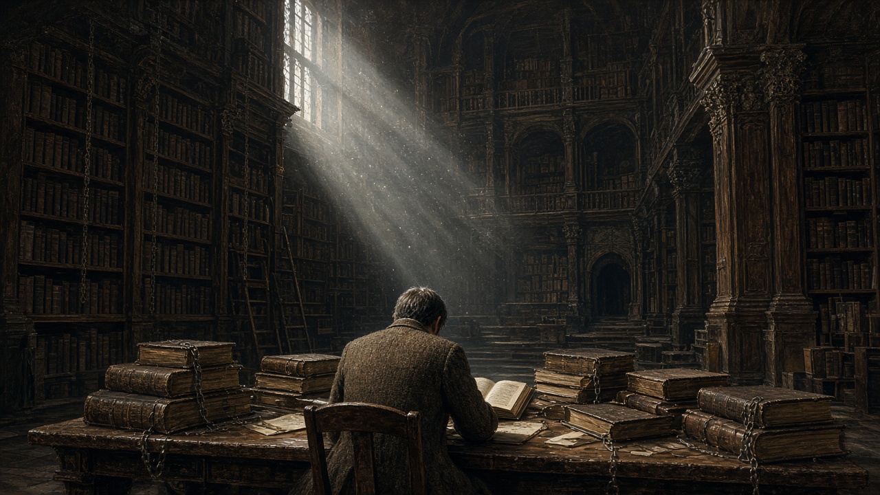 Une immense bibliothèque ancienne d'Oxford, un lecteur solitaire de dos