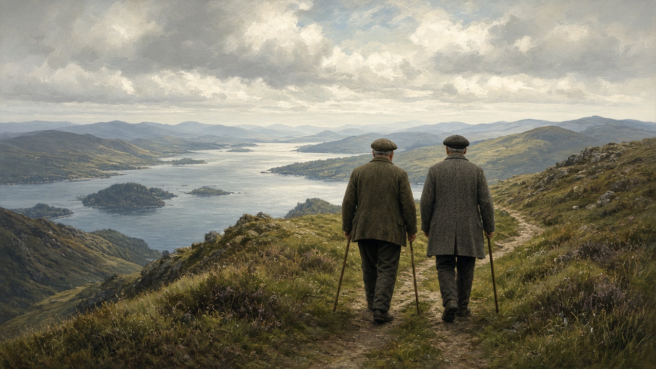 Deux hommes d'âge mûr marchent sur une colline irlandaise, de dos, avec des cannes