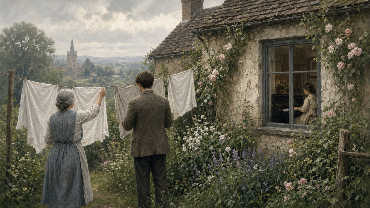 Une femme âgée et un jeune homme en tweed de dos dans un jardin modeste des années 1920