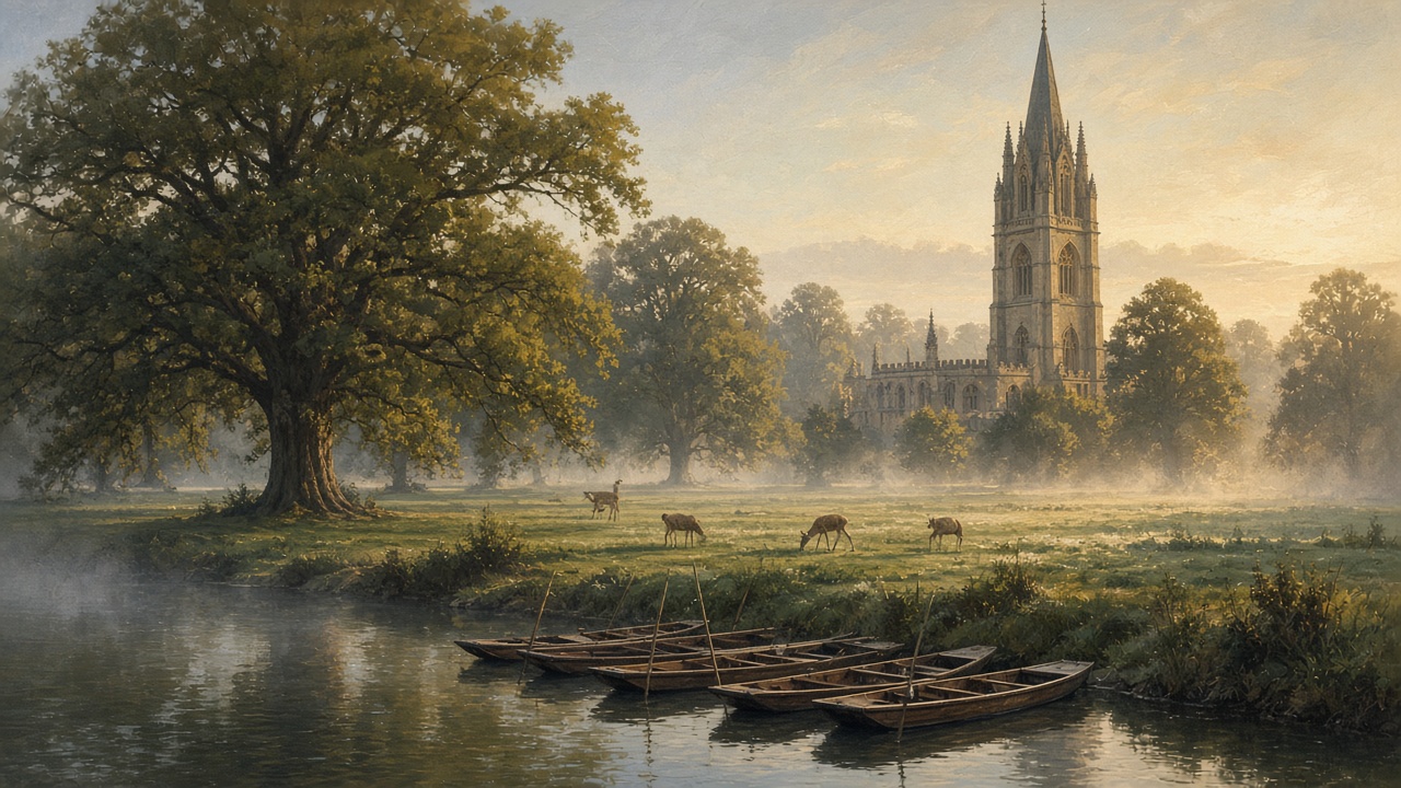 La tour de Magdalen au-dessus de la rivière, au petit matin, avec des daims dans le parc