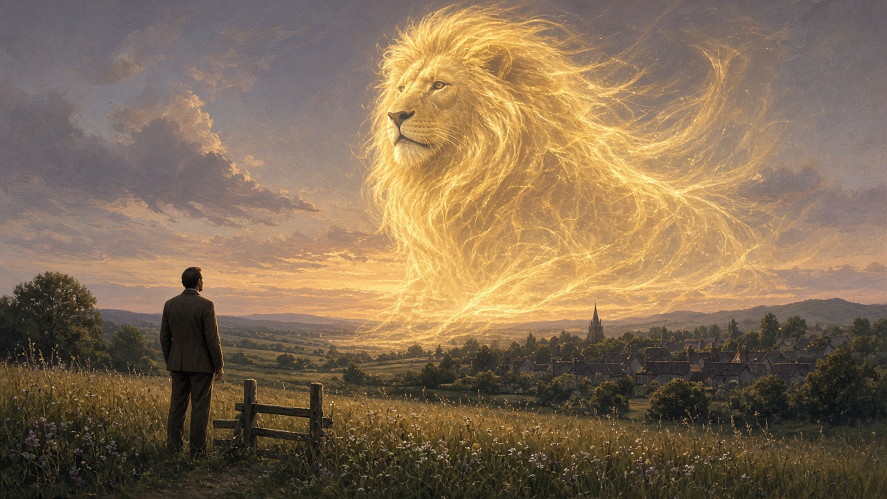 Un lion immense et irréel apparaît dans une prairie anglaise au crépuscule