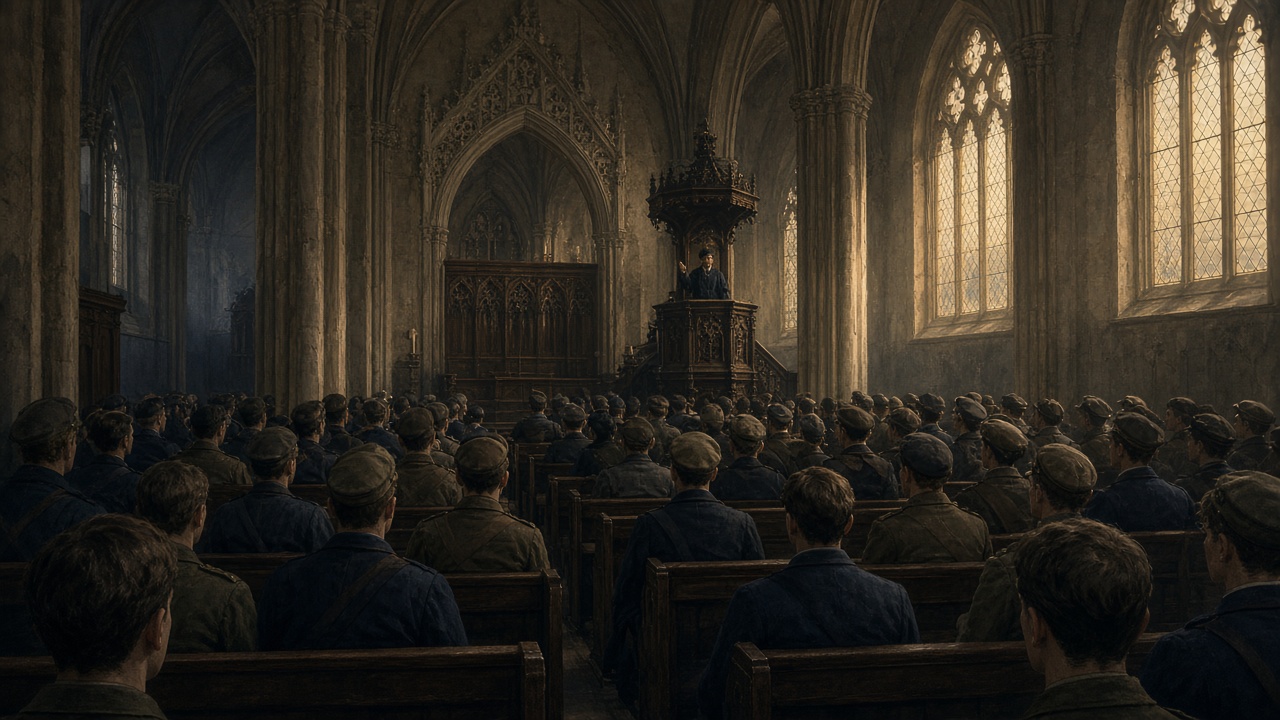 Une église gothique d'Oxford pleine d'étudiants en uniforme, vue du fond