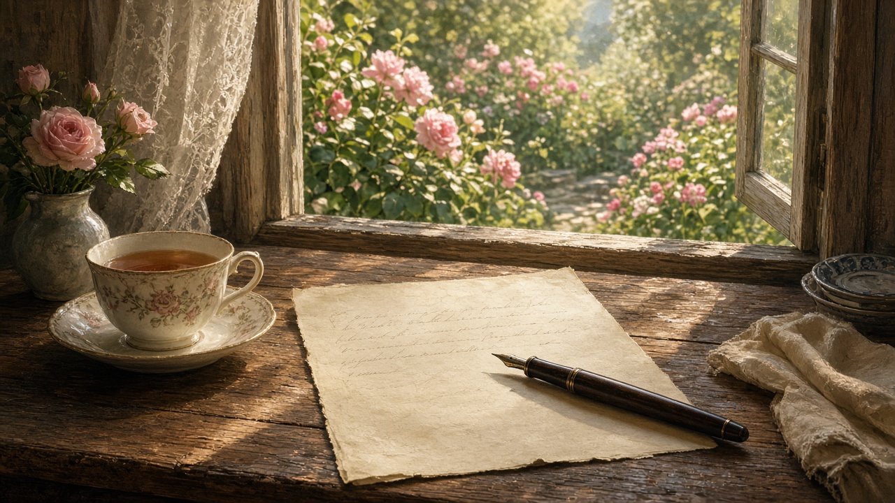 Une lettre manuscrite et une plume sur un bureau près d'une fenêtre fleurie