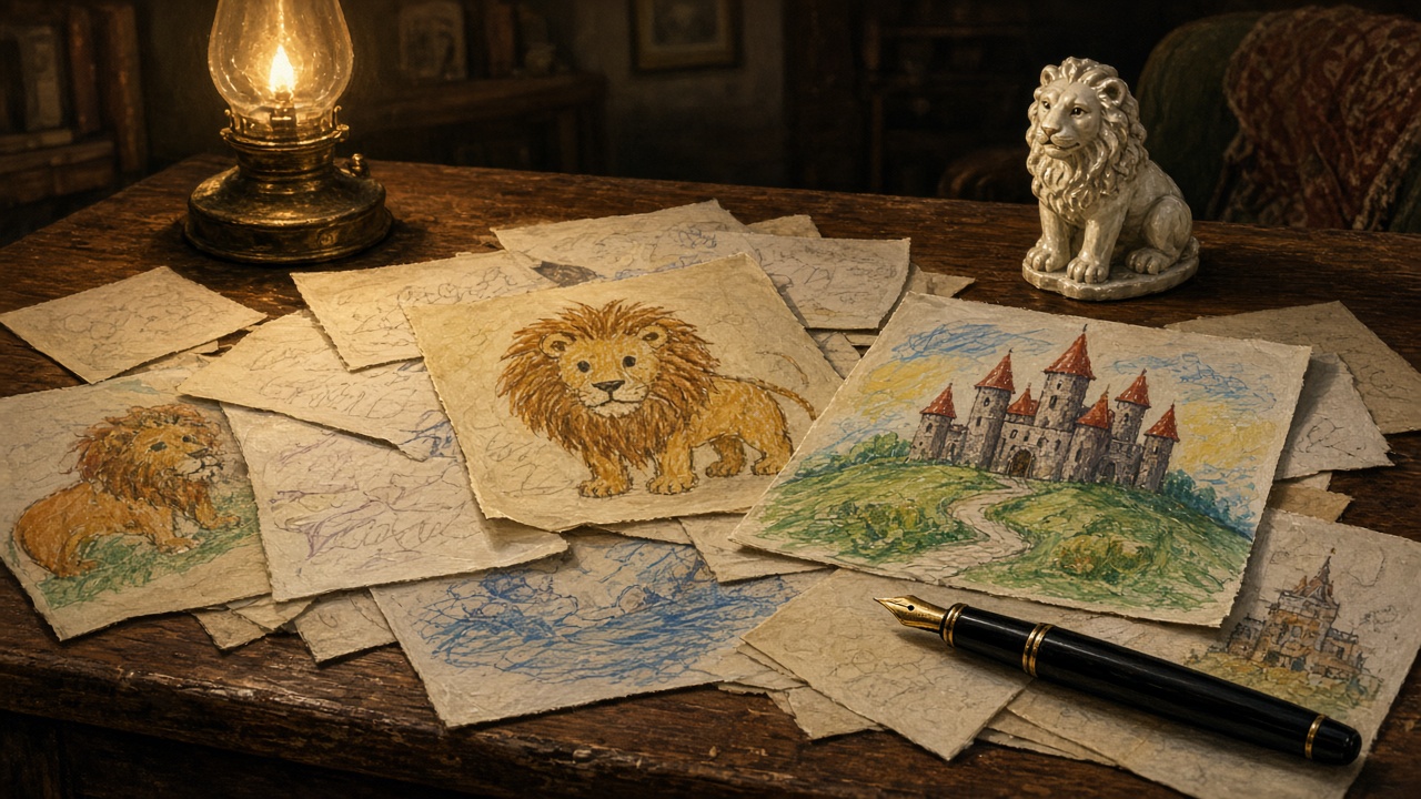 Une pile de lettres d'enfants et de dessins sur un bureau, une plume et un lion en porcelaine