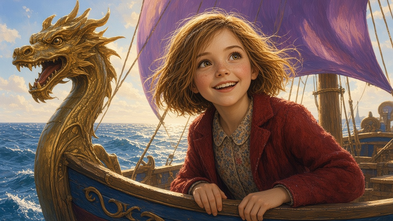 Lucy à la proue d'un navire en forme de dragon, cheveux au vent