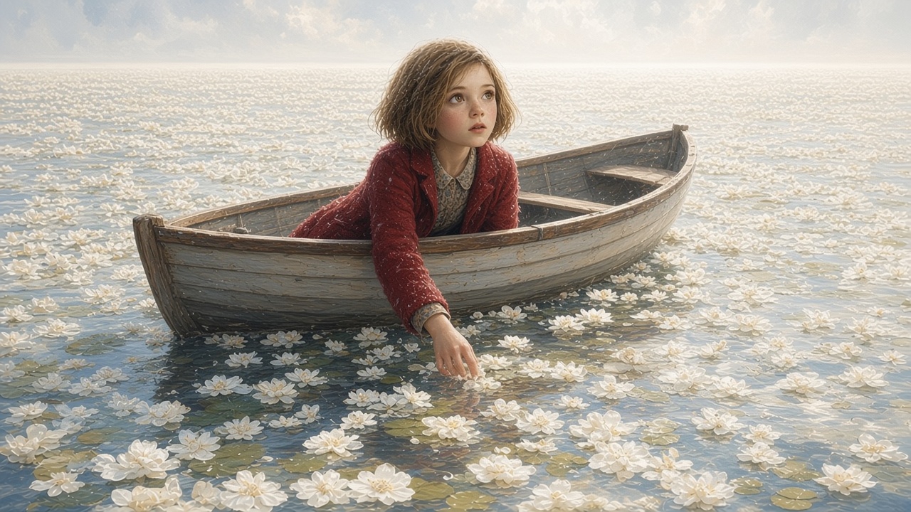 Lucy dans une barque au milieu de nénuphars blancs