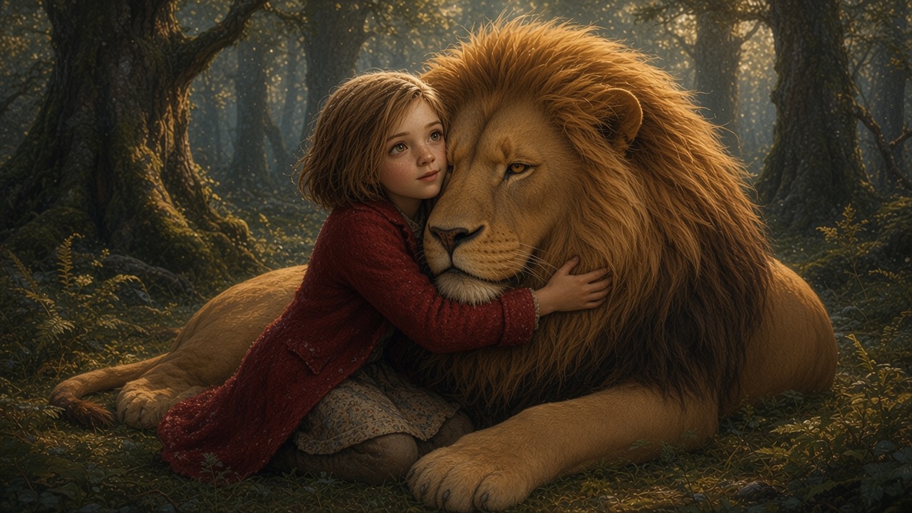 Lucy enlace le cou d'Aslan, joue contre sa crinière