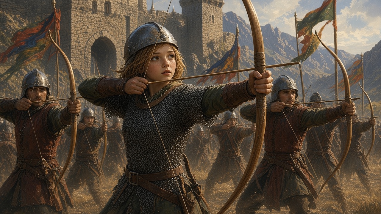 Lucy adulte tire à l'arc pendant la défense d'Anvard