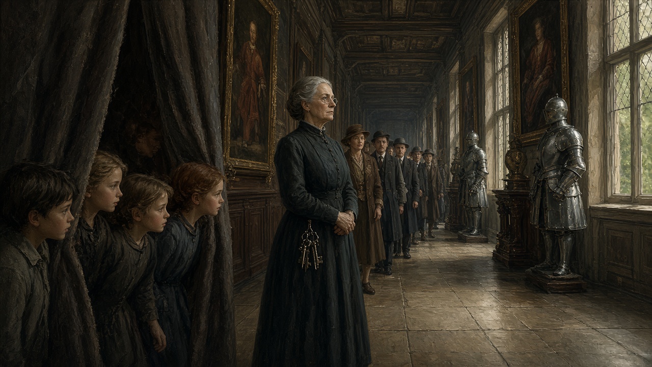 Mme Macready conduit des visiteurs dans les couloirs du manoir