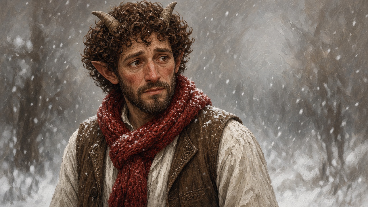 Le faune Tumnus, cornes, barbe pointue, écharpe rouge