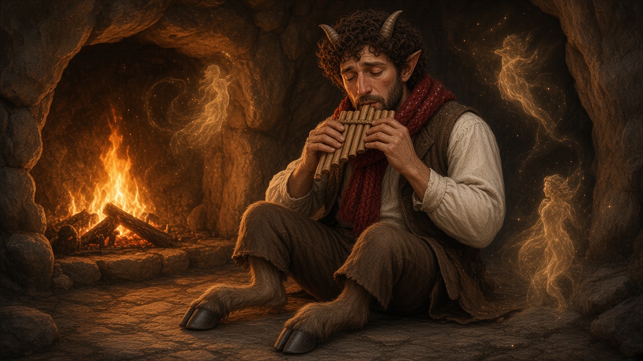 Tumnus joue de la flûte, ombres dansantes dans le feu