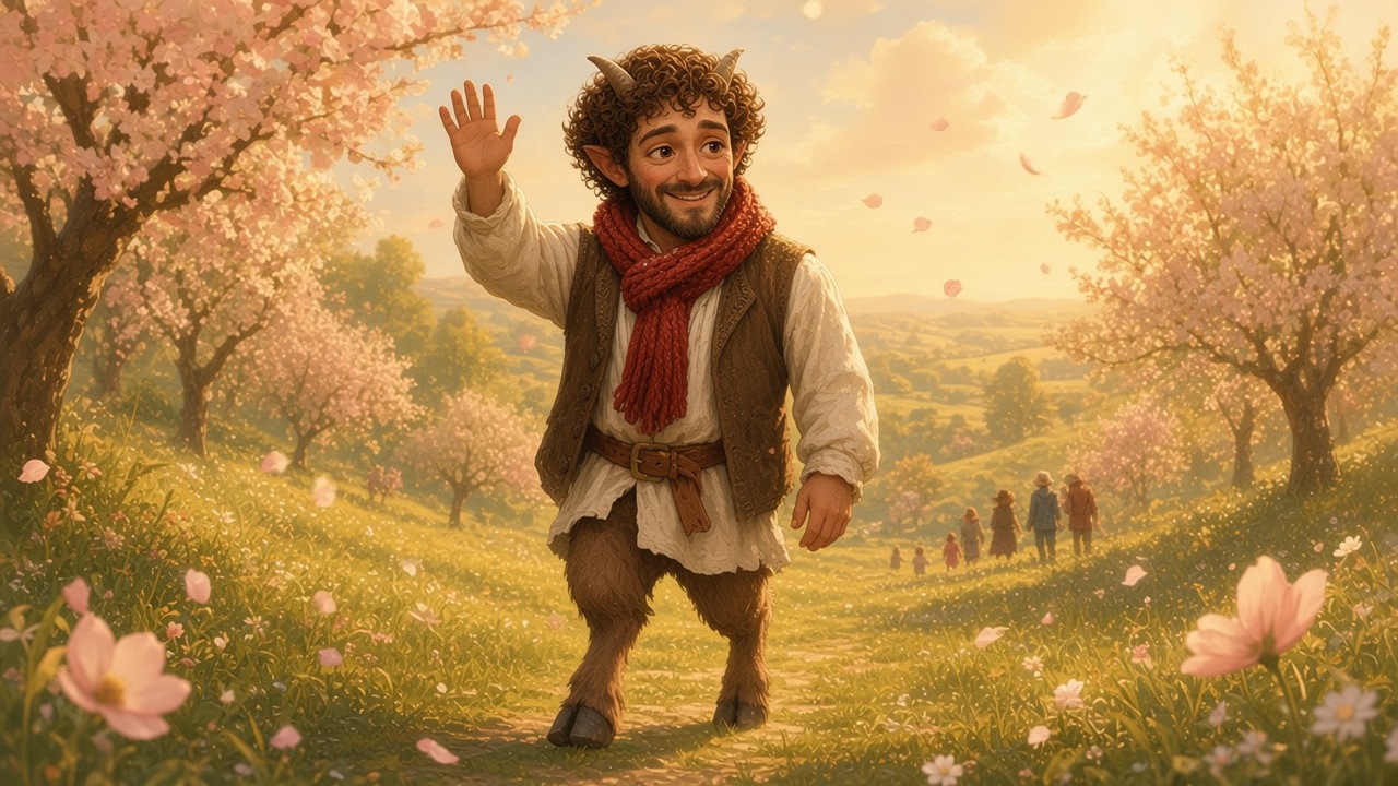 Tumnus accueille Lucy dans un jardin lumineux