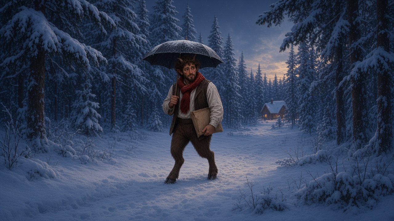Image fondatrice de Narnia : un faune avec parapluie dans un bois enneigé
