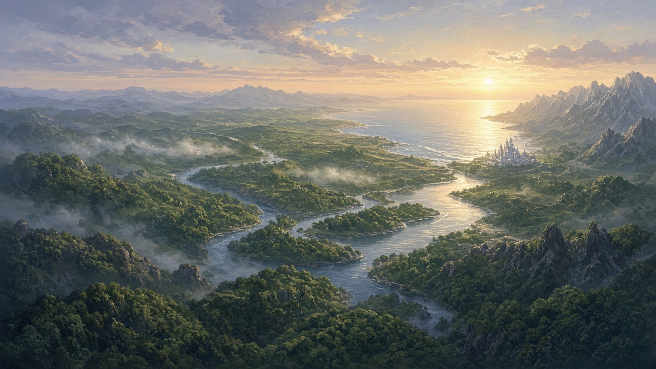 Le pays vu des collines de l'Ouest : forêts, rivière et, au loin, la mer