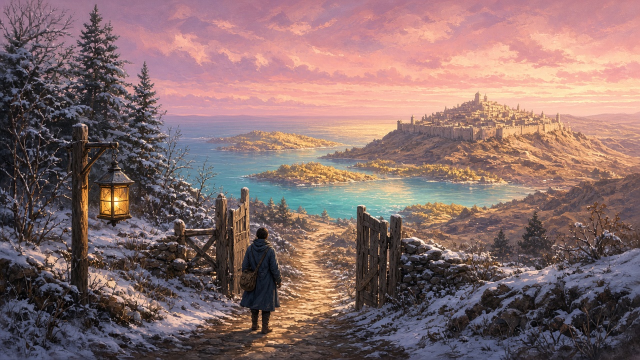 Un chemin qui mène d'un bois enneigé vers d'autres mondes