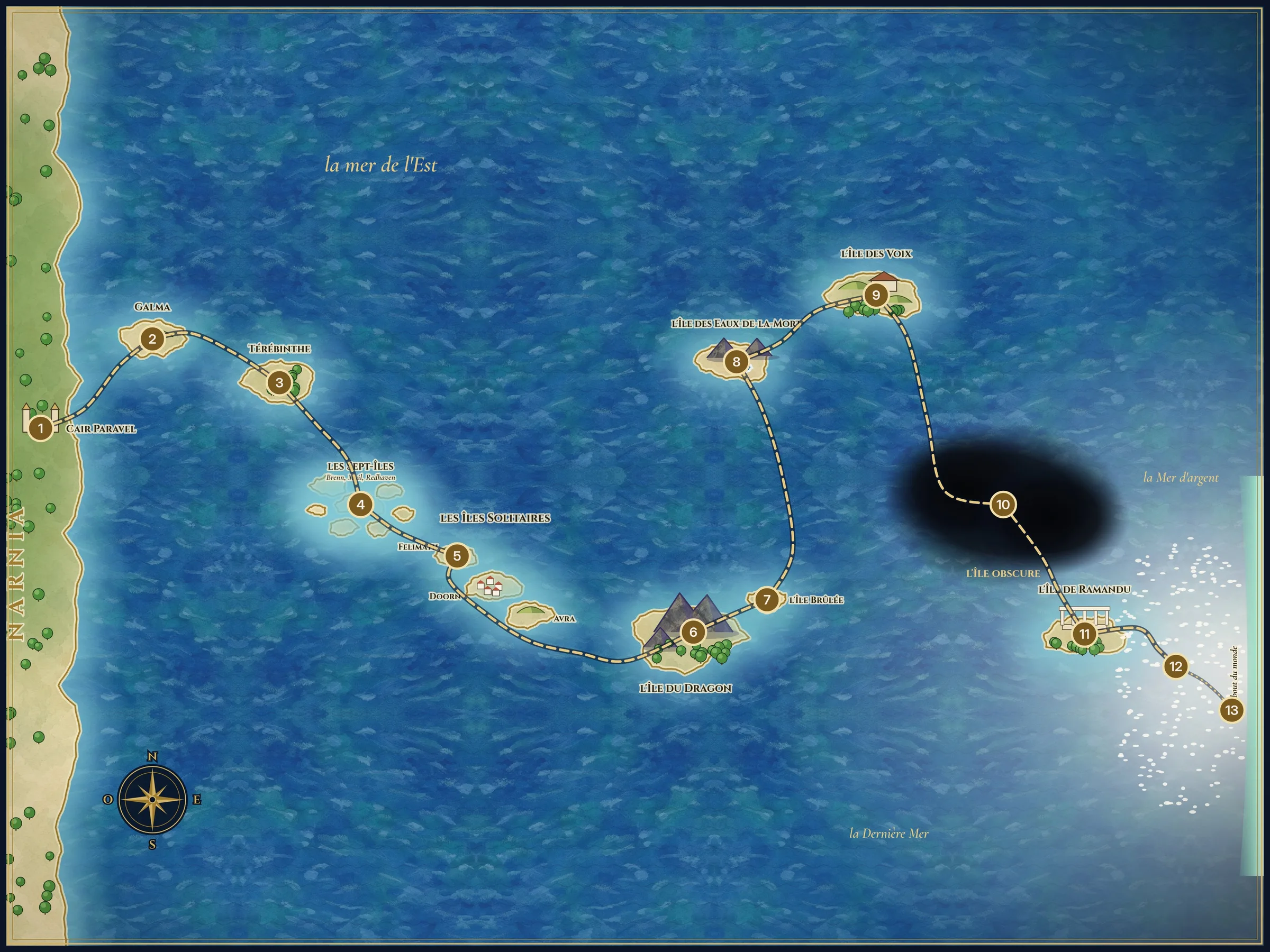 Painted map of the Sea of the East. To the west, the coast of Narnia and Cair Paravel; then Galma, Terebinthia, the Seven Isles and the Lone Islands; further the Dragon Island and Burnt Island, Deathwater Island, the Island of Voices, the dark mass of the Dark Island, Ramandu's Island and, all the way to the east, the Silver Sea covered with lilies up to the wave at the world's end.