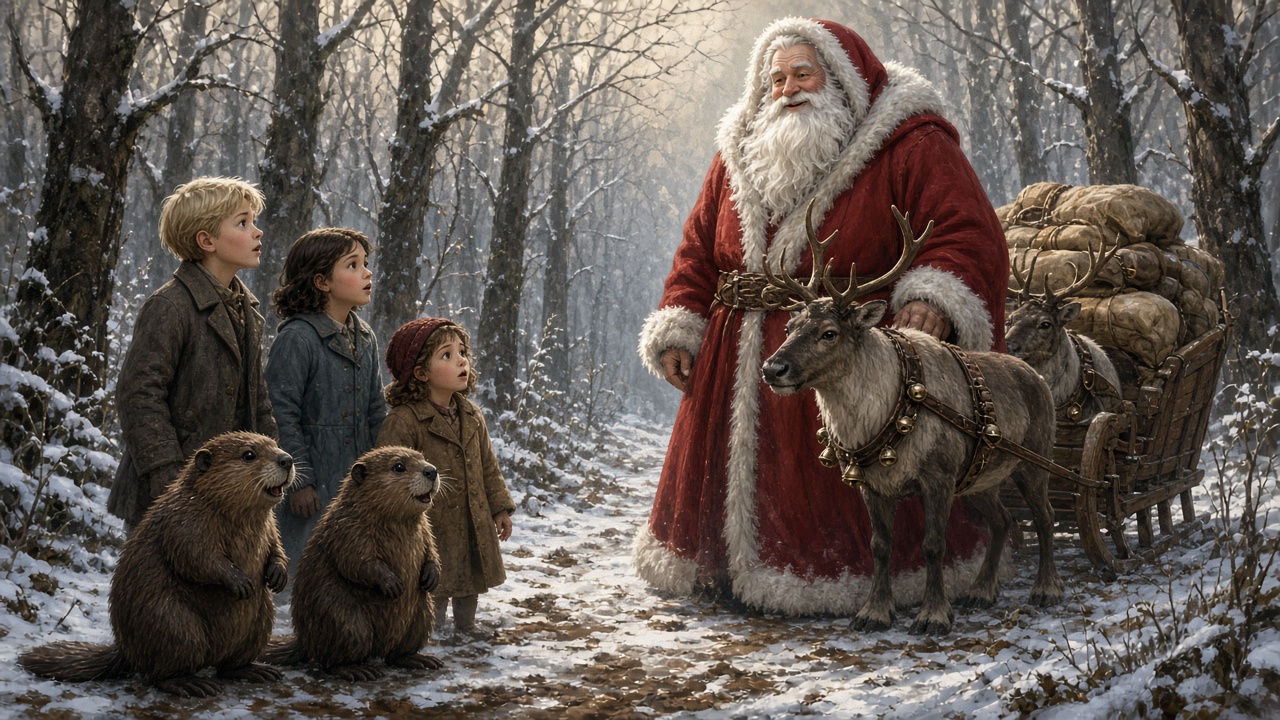 Le Père Noël arrive en traîneau dans la neige qui fond