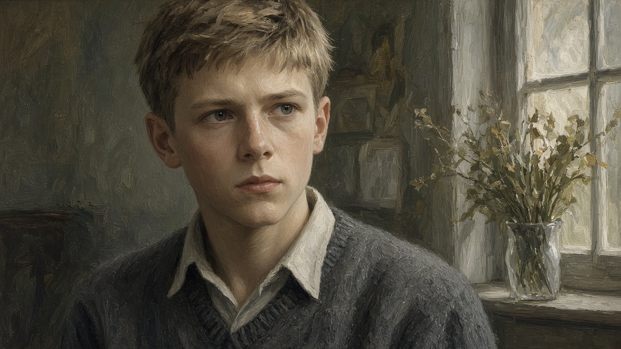 Peter, 13 ans, en pull de laine, regard sérieux