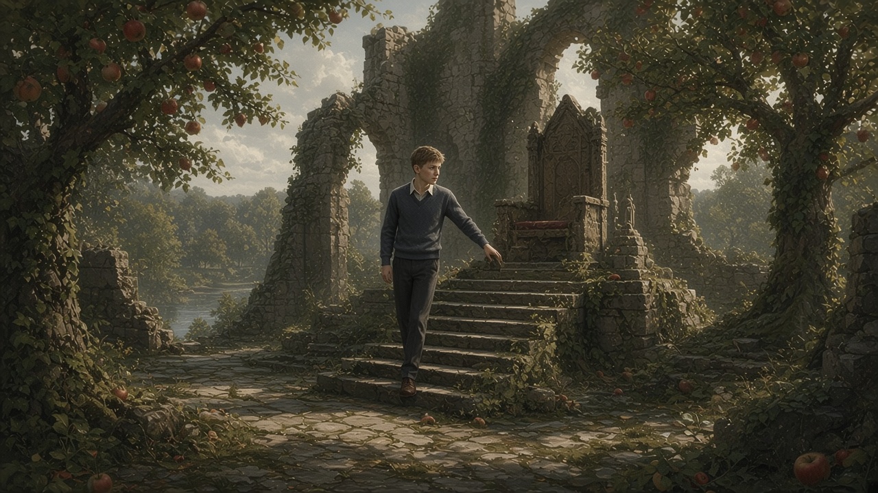 Peter enfant parmi les ruines envahies par la végétation