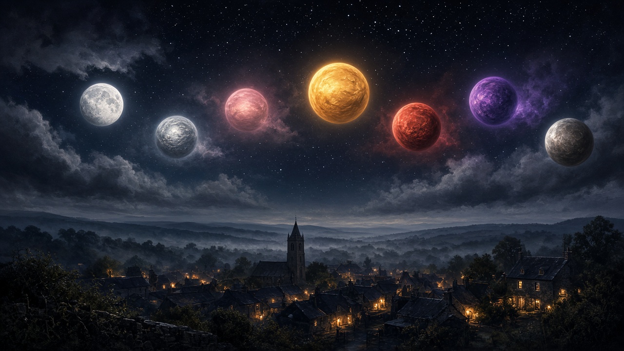 Sept planètes personnifiées par leurs lumières dans un ciel nocturne