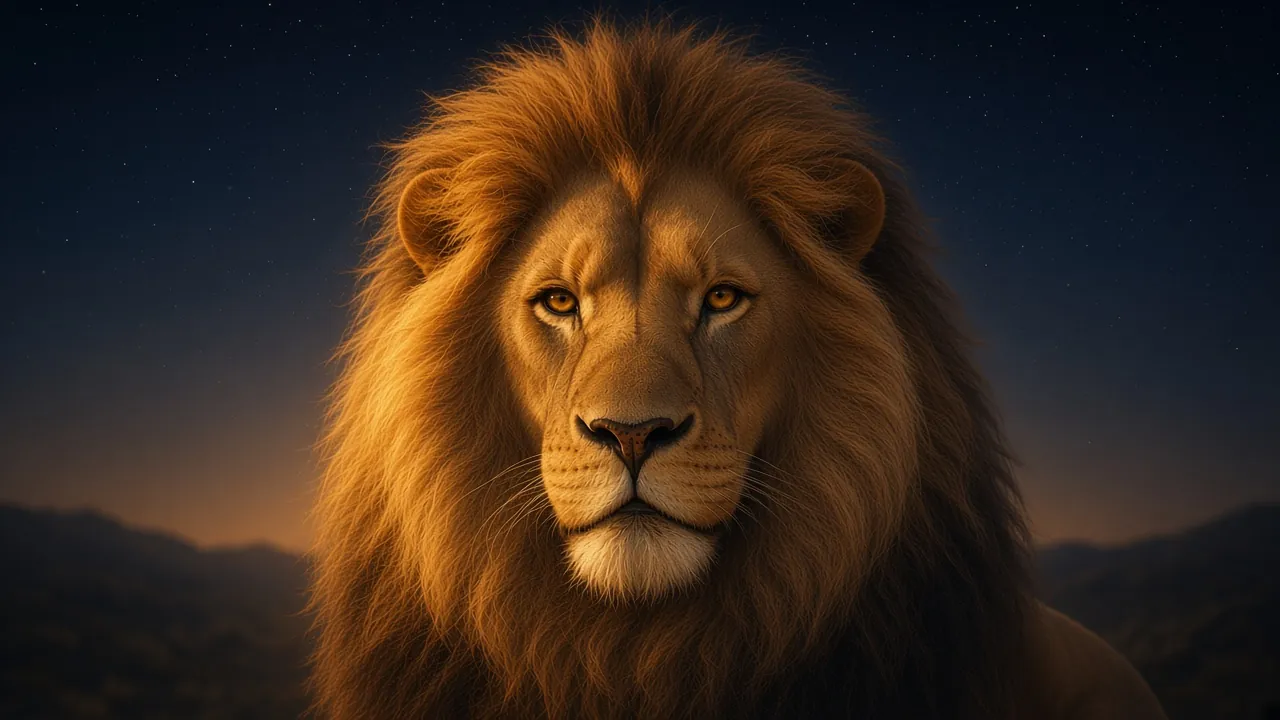 Portrait d'Aslan, grand lion au pelage doré et à la crinière ambrée, regard calme et bienveillant