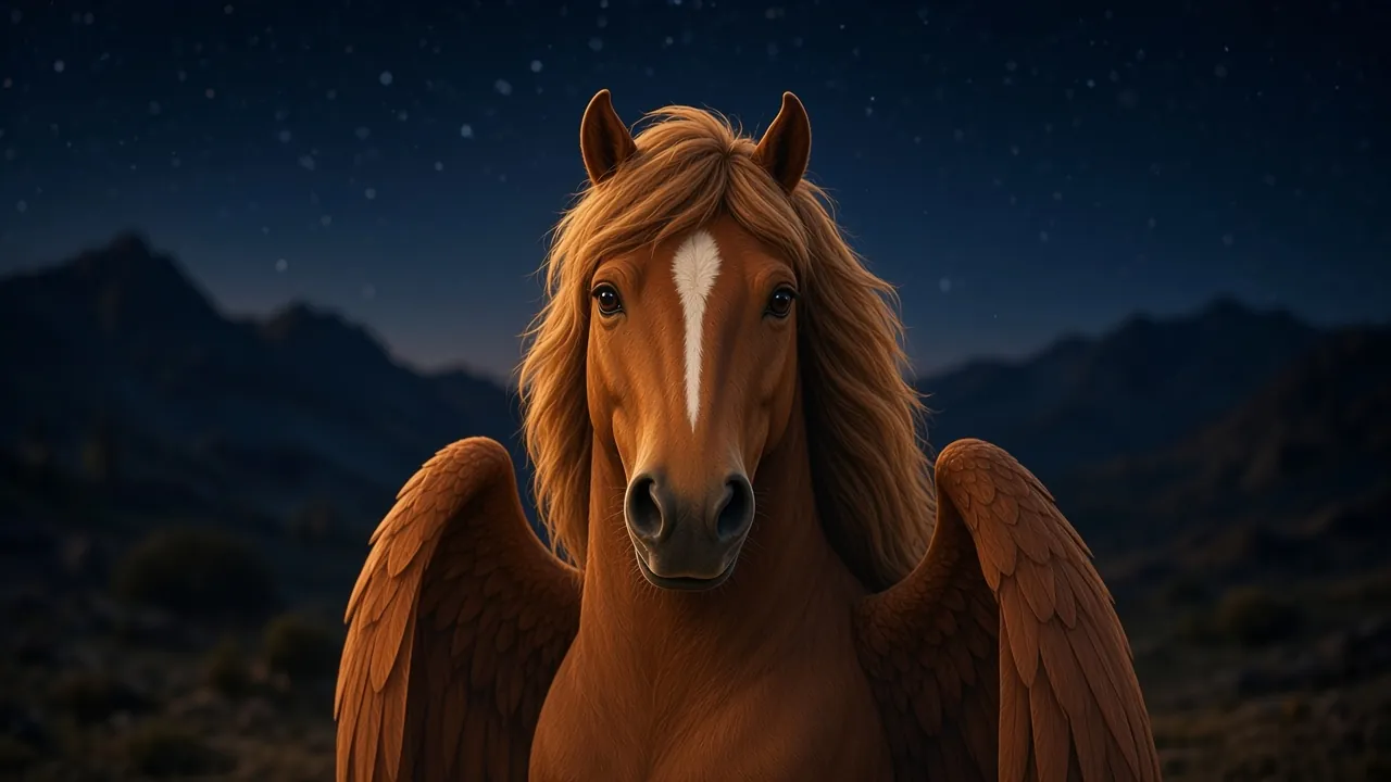 Portrait de Fraise devenu Plume, cheval alezan ailé, sous un ciel de nuit
