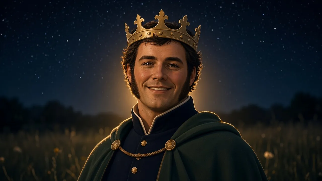 Portrait de Frank en roi, couronne et manteau vert sur son manteau de cocher