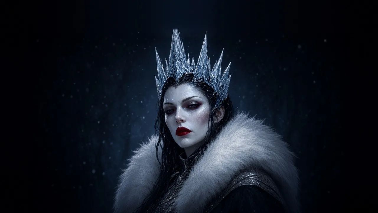 Portrait de Jadis, la Sorcière Blanche, visage très blanc, lèvres rouges et couronne de glace, manteau de fourrure blanche, air froid et hautain