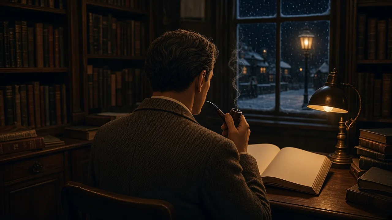 Le Conteur vu de dos, assis à son bureau près d'une fenêtre, un soir d'hiver