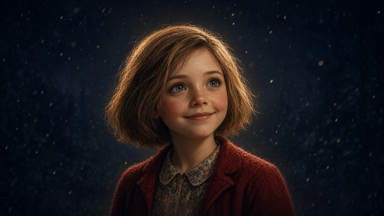 Portrait de Lucy Pevensie, fillette aux cheveux blond doré et aux taches de rousseur, gilet rouge, sourire franc