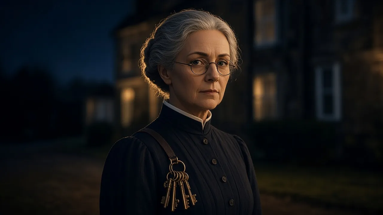 Portrait de Mme Macready, gouvernante aux cheveux gris et lunettes, robe sombre, air sévère