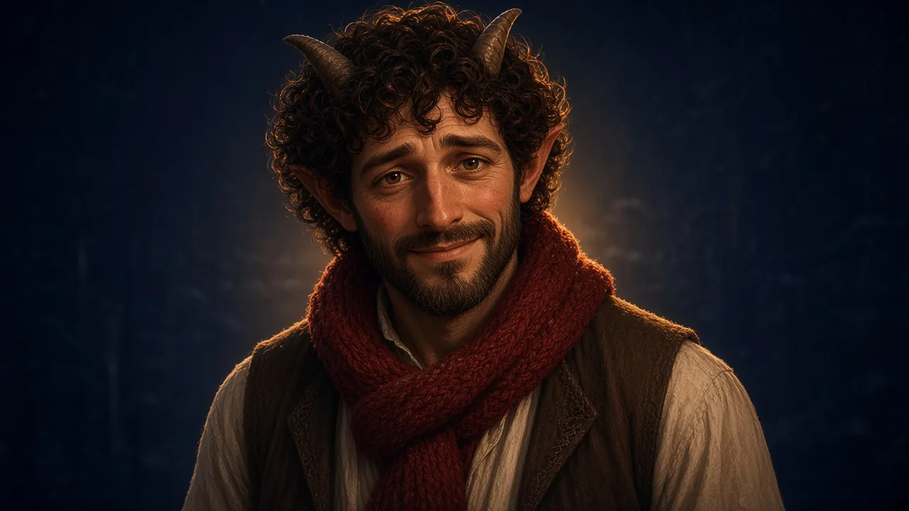 Portrait de M. Tumnus, faune aux petites cornes et aux cheveux bouclés, écharpe rouge et gilet, air chaleureux