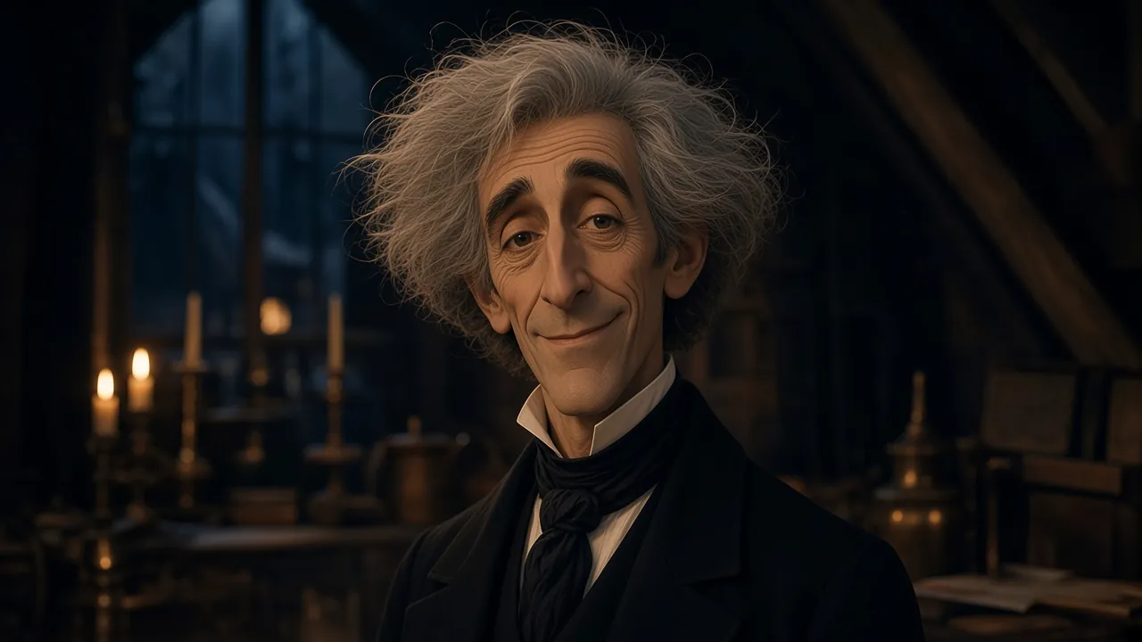 Portrait de l'oncle Andrew, cheveux gris en désordre, air vaniteux et fuyant