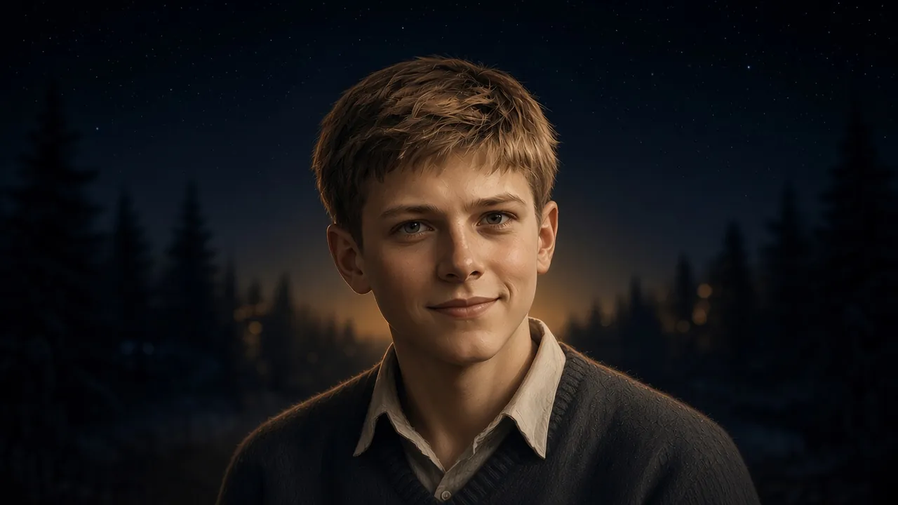 Peter, 13 years old, in a woolen sweater, serious look