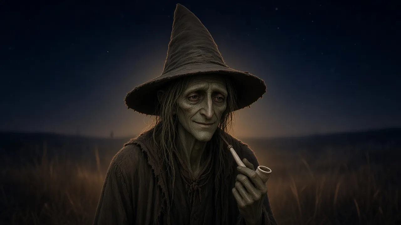 Portrait de Puddlegum, grand et maigre, au long visage gris-vert et au grand chapeau pointu, dans un marais la nuit